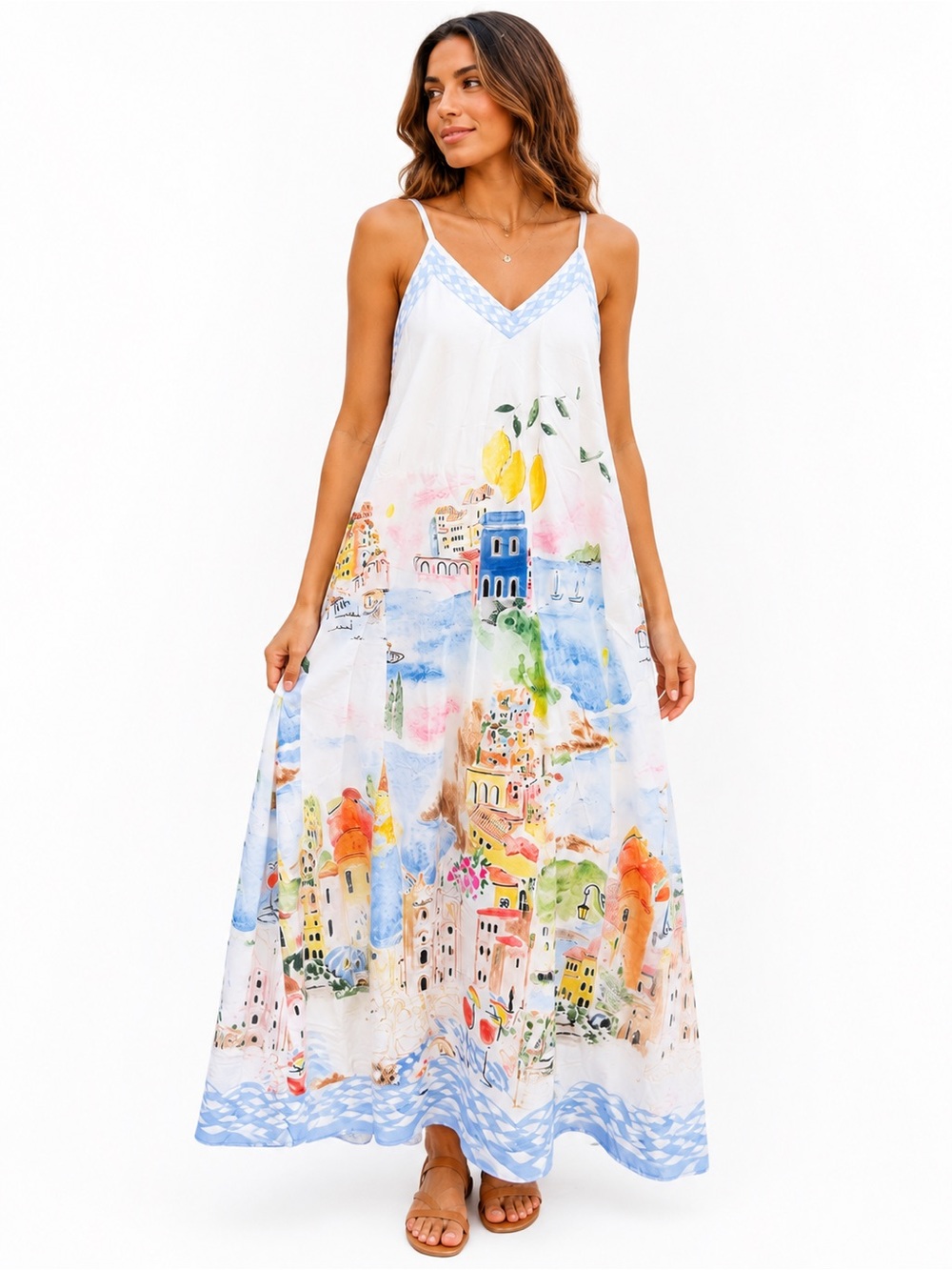 Made in Italy 🇮🇹 Lemon Print Maxi Dress with Coastal Watercolor Print / Viscose